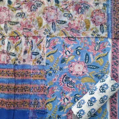 Floral Jaal Hand Block Print Cotton Suit Set with Chiffon Dupatta (PCHF33)